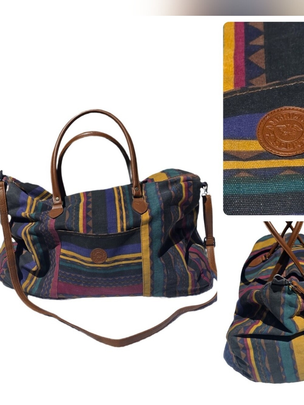 Vintage 80s American Sport Aztec Duffle Bag Weekender Boho Tapestry Southwest